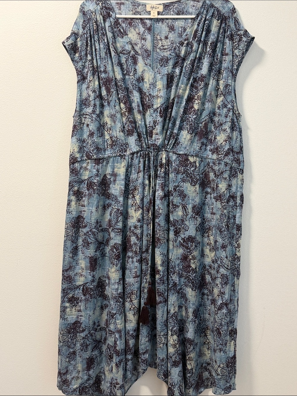 Style & Co. Blue Floral V-Neck Midi Dress with Drawstring 3X
